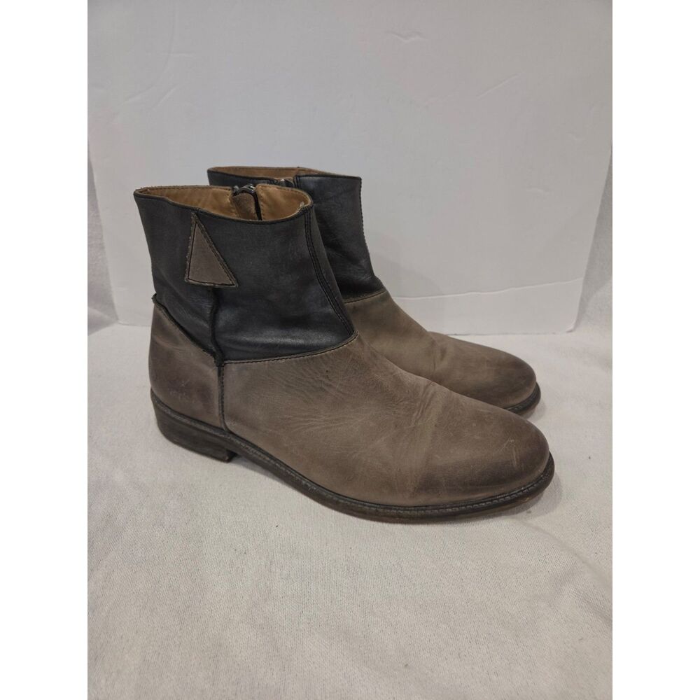 John Fluevog Holden Two Tone Leather Ankle Boots Distressed Grey Black Sz 11